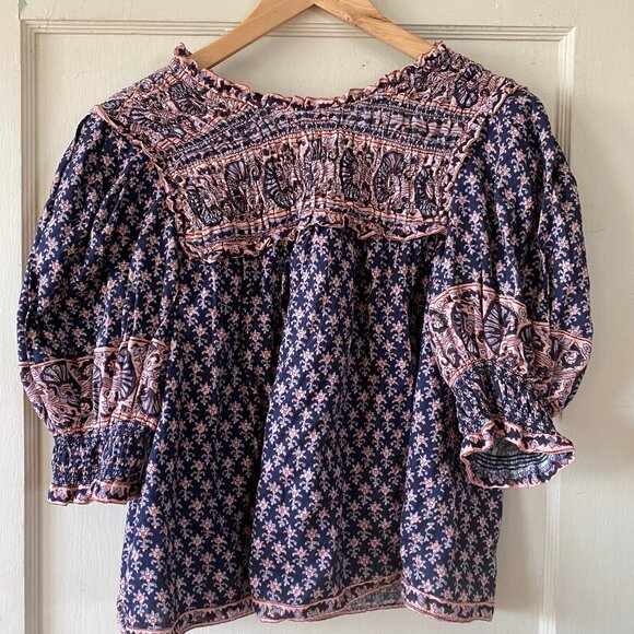 SEA New York Jasper Border Puff Sleeve Smocked Top Medium - Picture 2 of 7